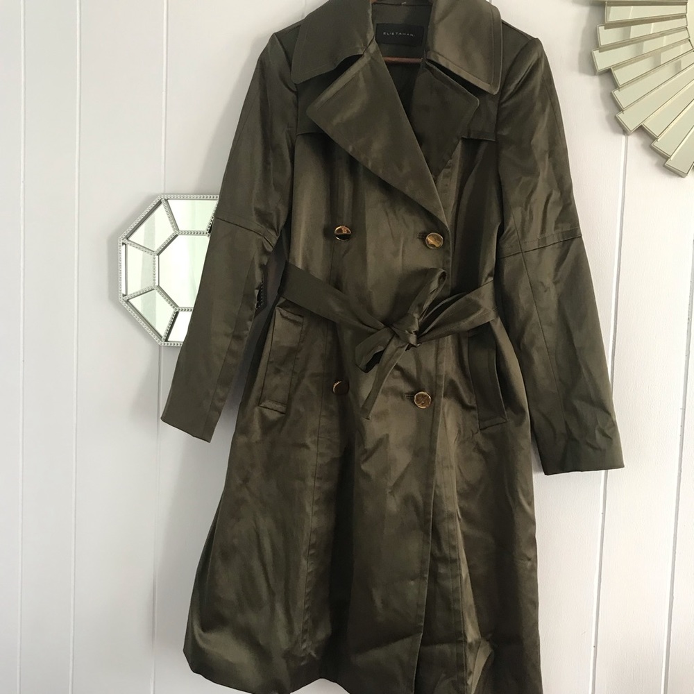 Elie Tahari Satin Olive Green Trench Coat 4